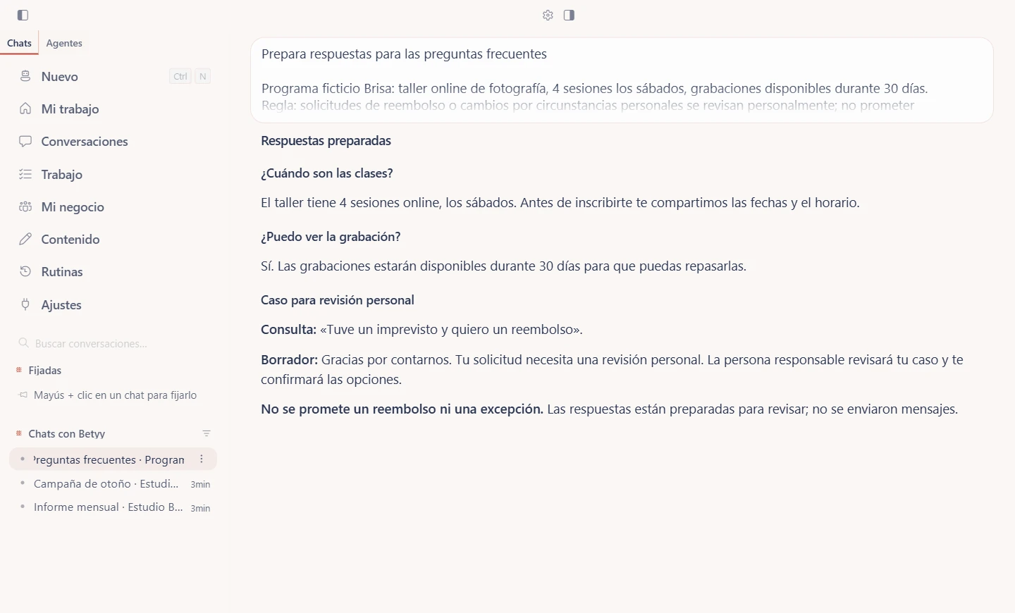 Pantalla de Betyy: mensajes