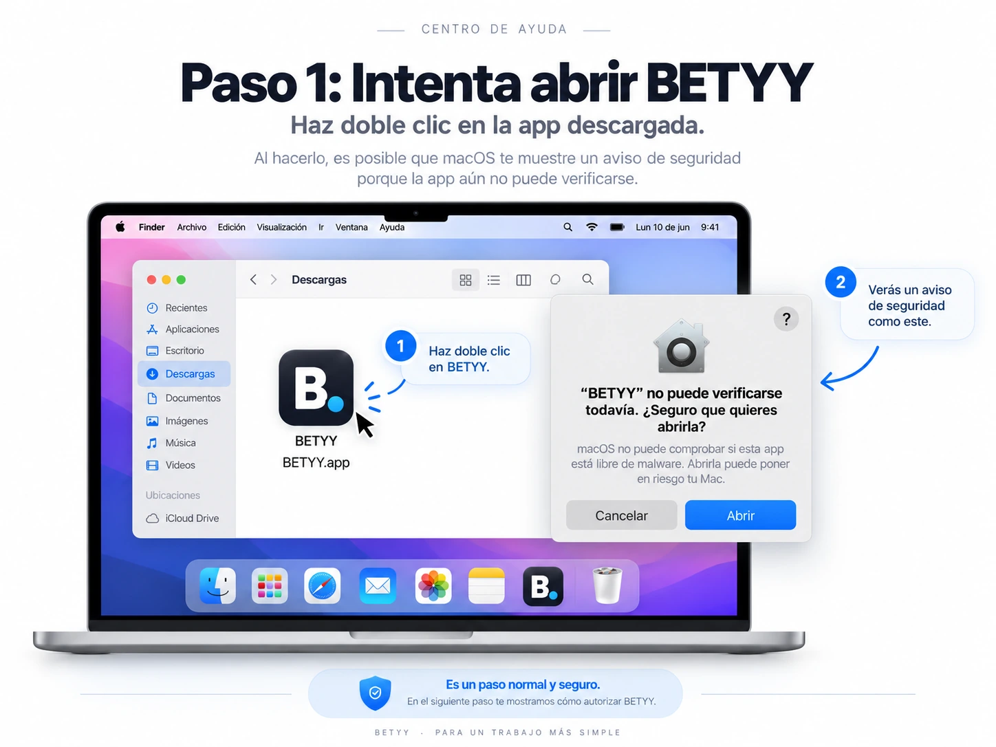 Aviso de macOS al intentar abrir Betyy por primera vez