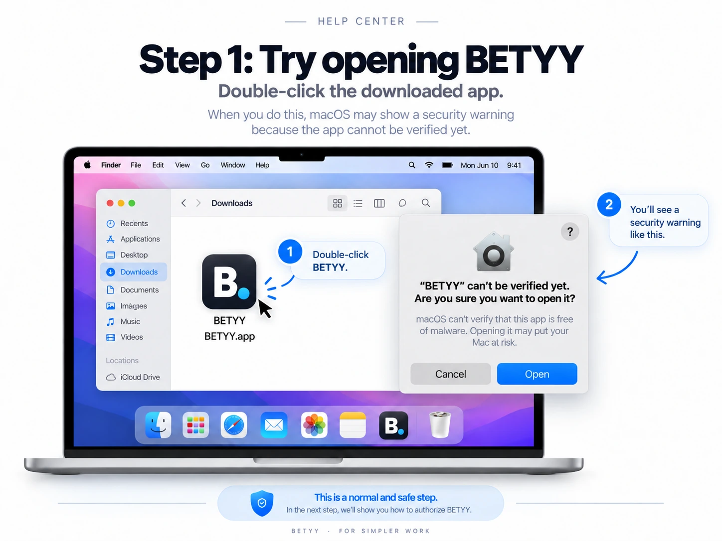 macOS alert when trying to open Betyy for the first time